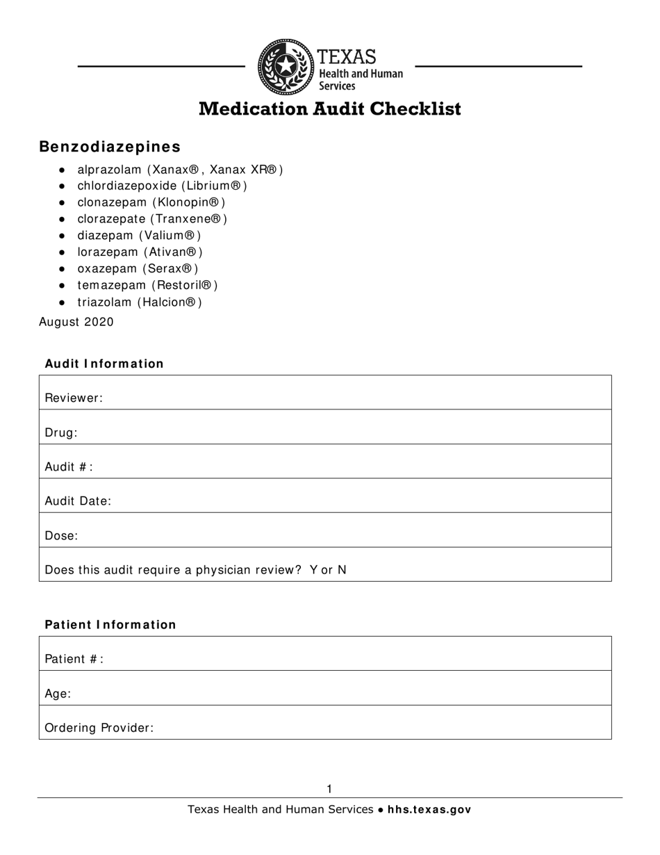 Texas Medication Audit Checklist Benzodiazepines Fill Out, Sign