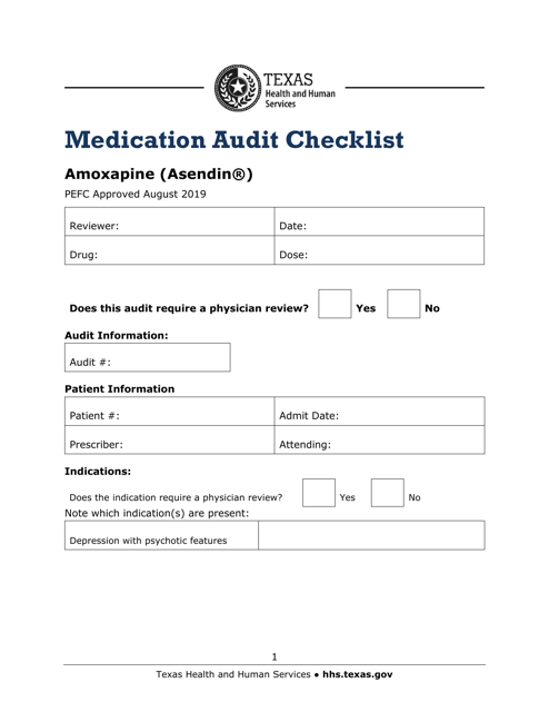Medication Audit Checklist - Amoxapine (Asendin) - Texas Download Pdf