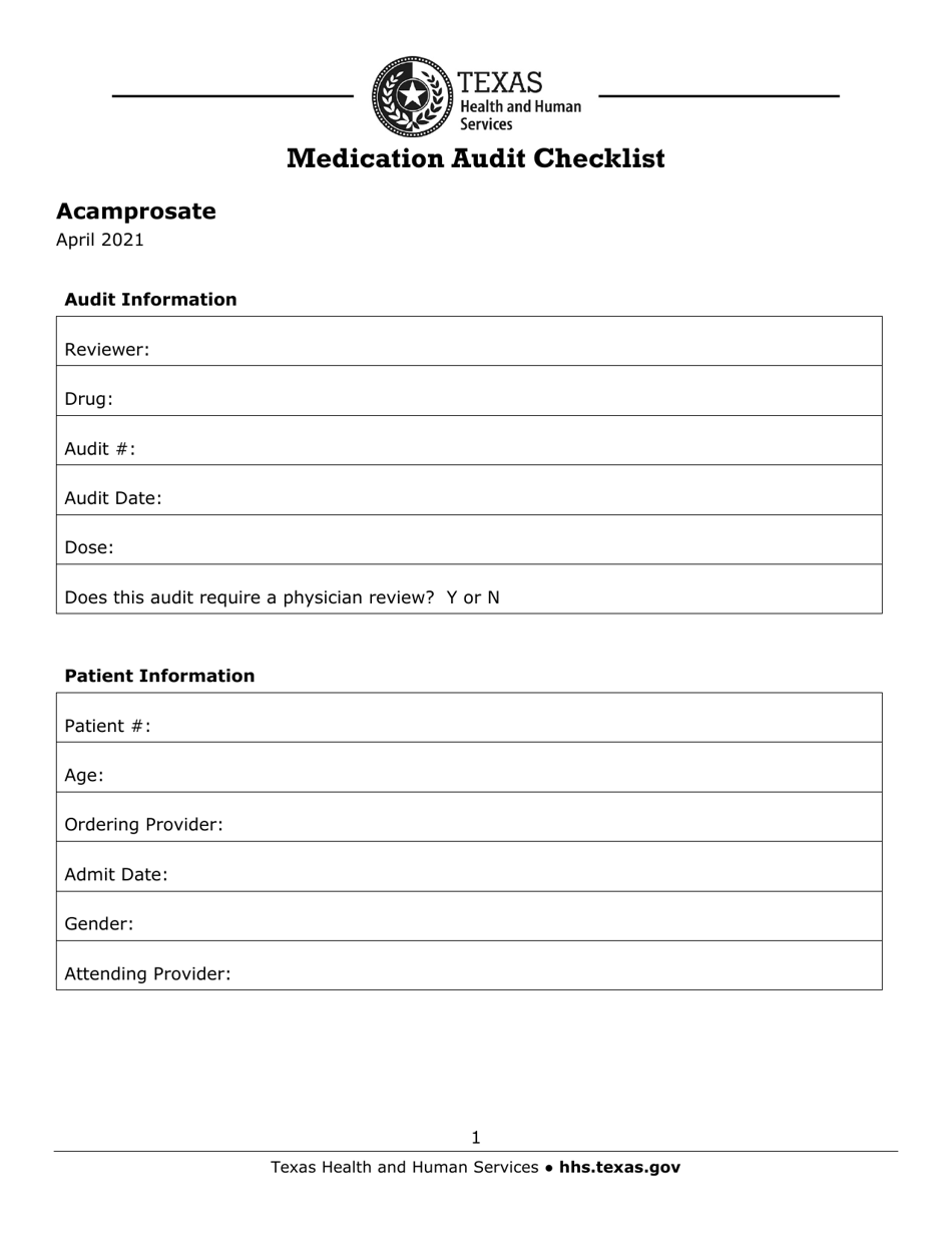 Medication Audit Checklist - Acamprosate - Texas, Page 1
