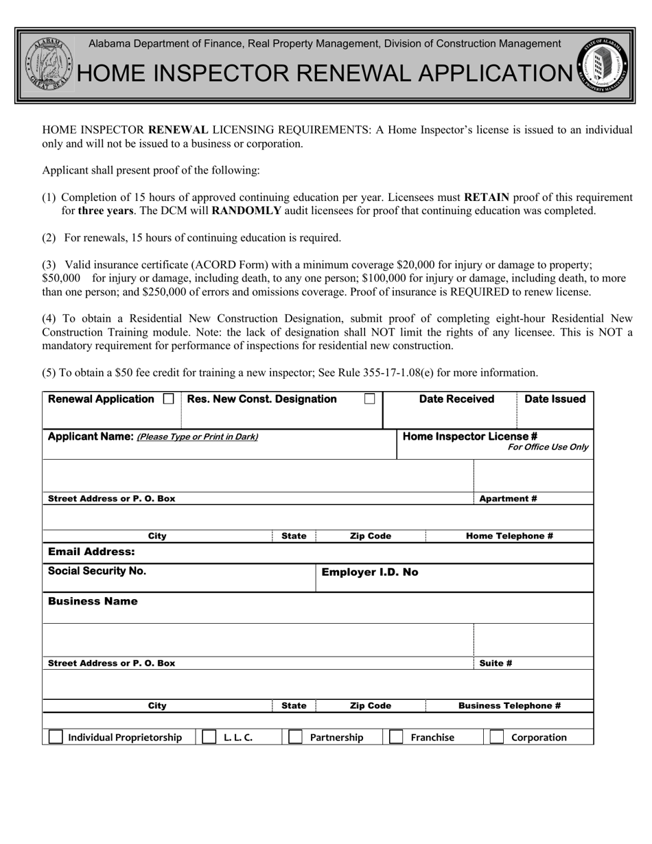 Home Inspector Renewal Application - Alabama, Page 1