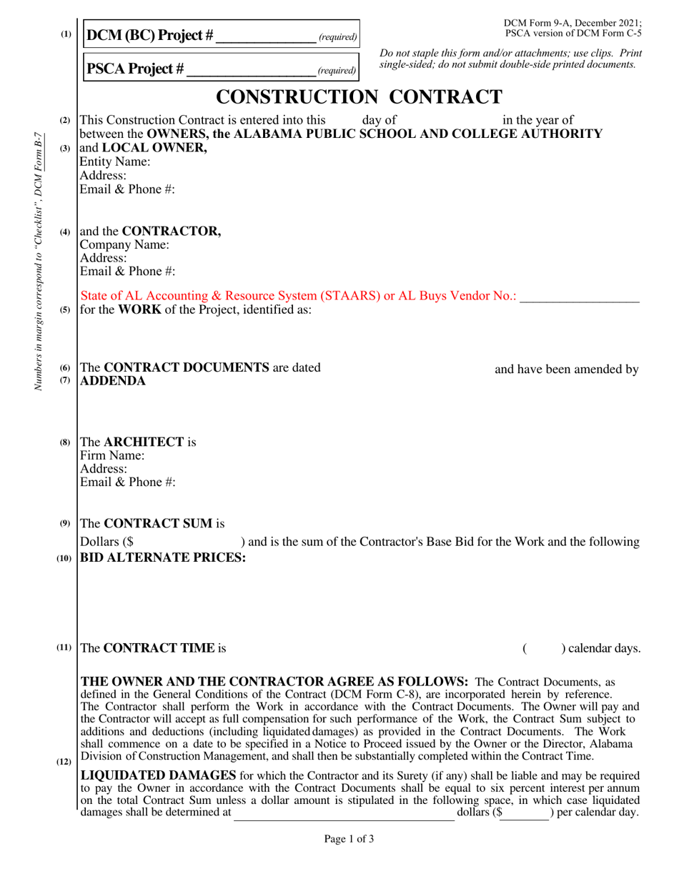 DCM Form 9-A Construction Contract - Psca - Alabama, Page 1