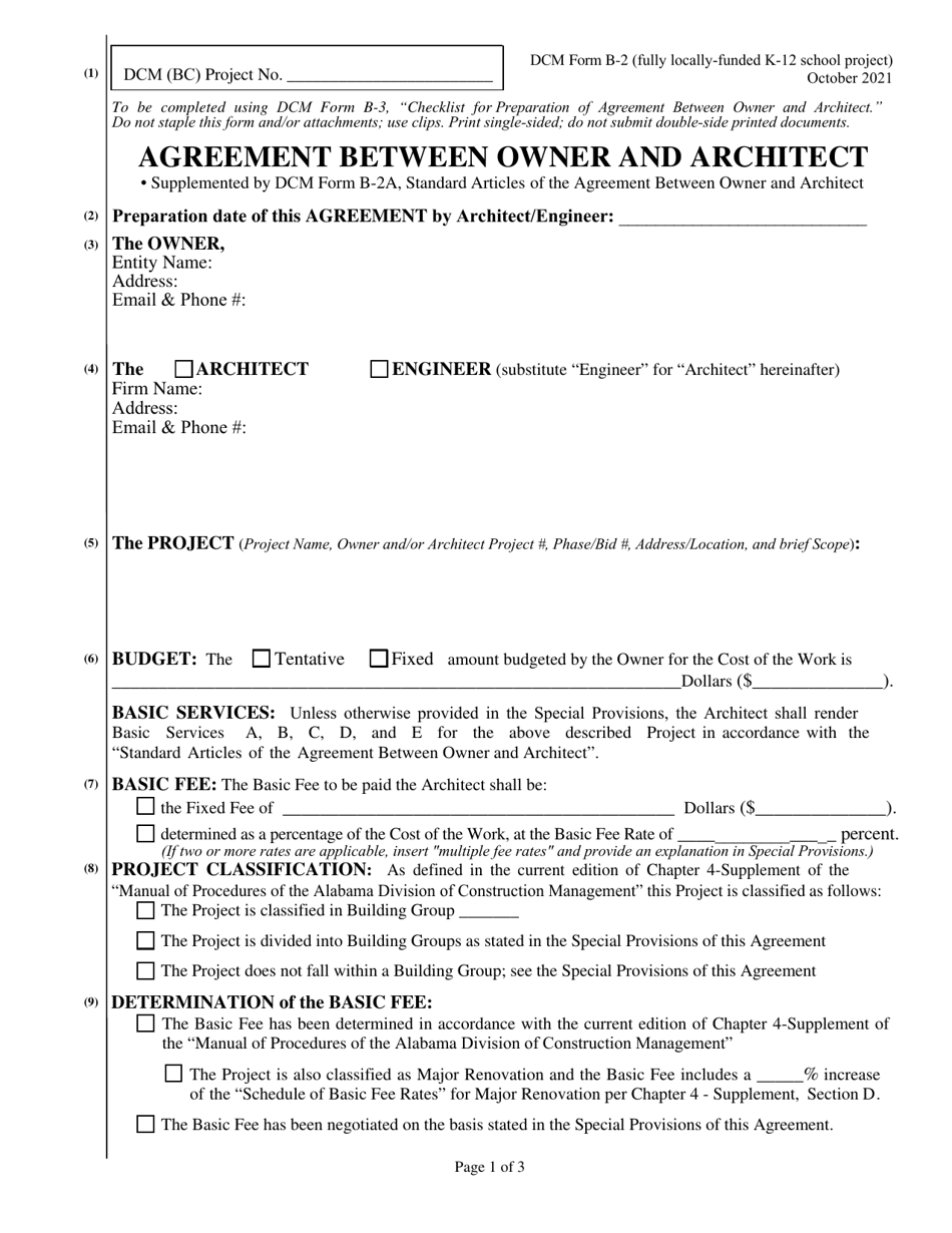 DCM Form B-2 Agreement Between Owner and Architect - Fully Locally-Funded K-12 School Project - Alabama, Page 1