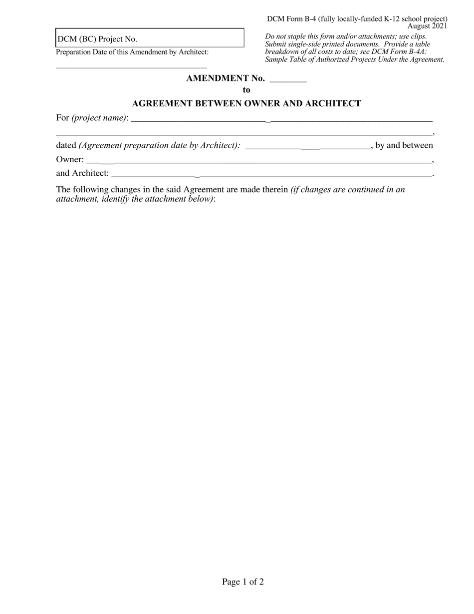 DCM Form B-4 Amendment to Agreement Between Owner and Architect - Fully Locally-Funded K-12 School Project - Alabama, Page 1