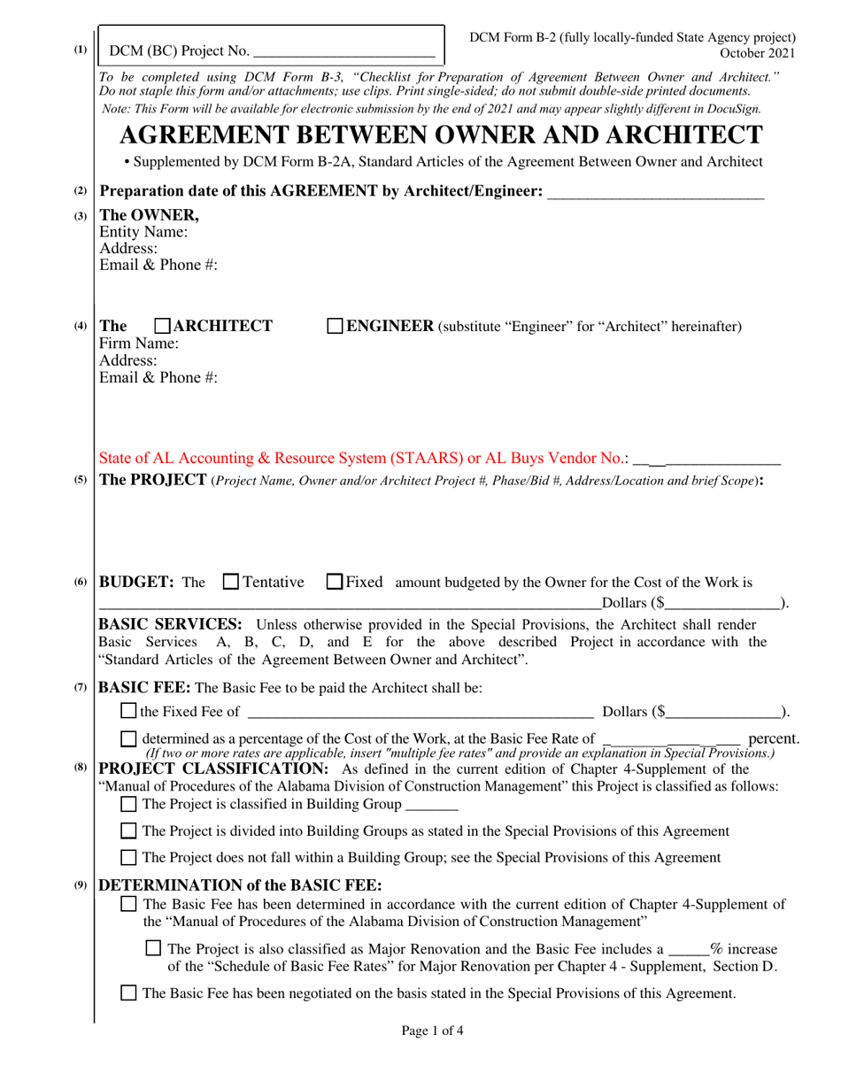 DCM Form B-2 Agreement Between Owner and Architect - Fully Locally-Funded State Agency Project - Alabama, Page 1