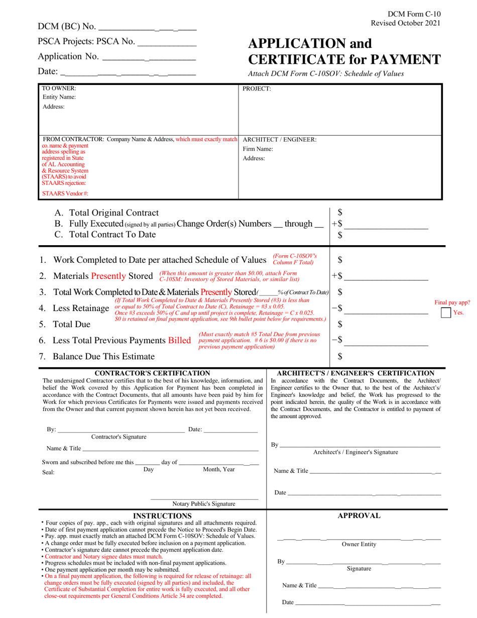 DCM Form C-10 Application and Certificate for Payment - Psca - Alabama, Page 1
