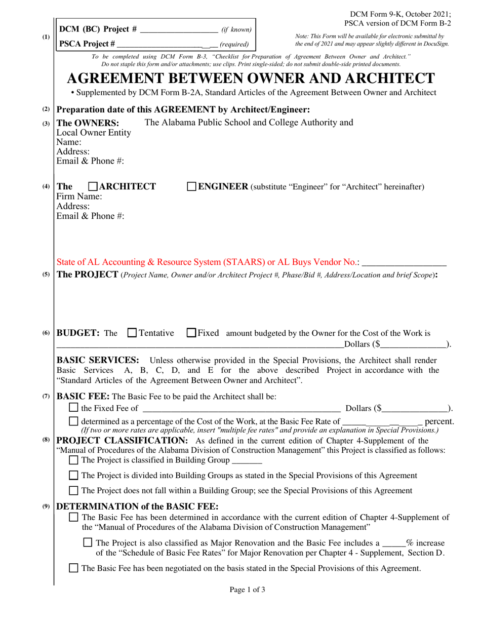 DCM Form 9-K Agreement Between Owner and Architect - Psca - Alabama, Page 1