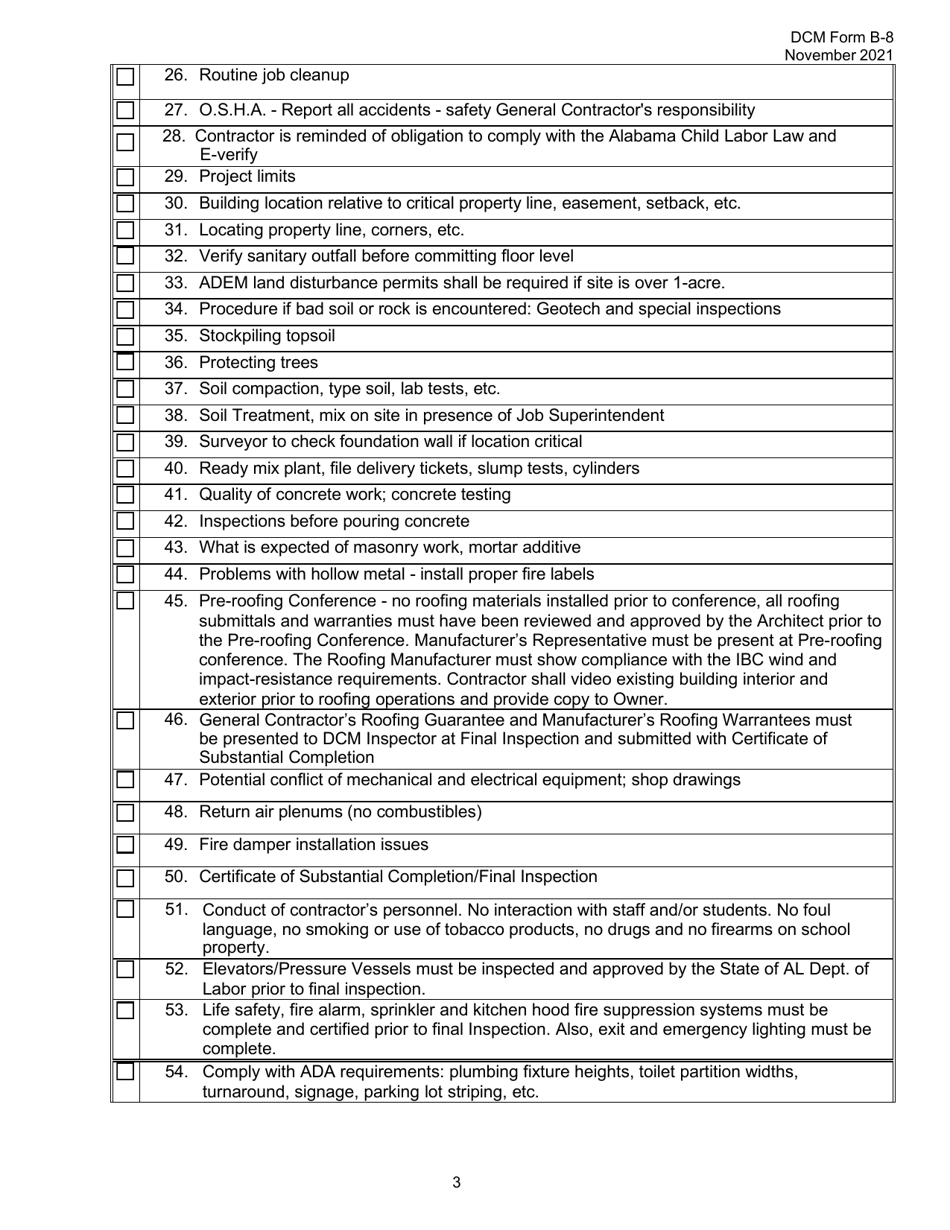 DCM Form B-8 Pre-construction Conference Checklist - Alabama, Page 3