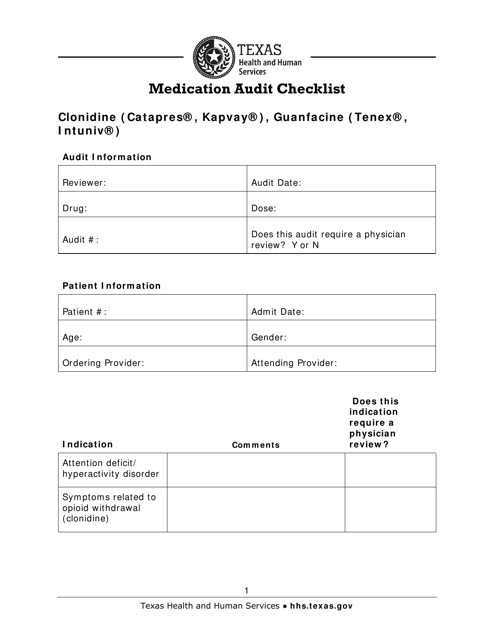 Medication Audit Checklist - Clonidine (Catapres, Kapvay), Guanfacine (Tenex, Intuniv) - Texas Download Pdf