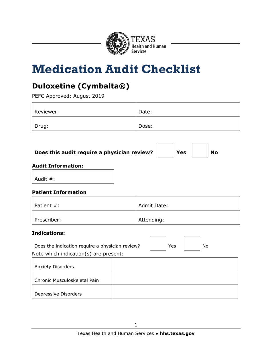 Medication Audit Checklist - Duloxetine (Cymbalta) - Texas, Page 1