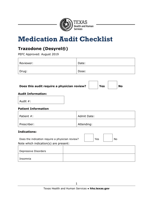 Medication Audit Checklist - Trazodone (Desyrel) - Texas Download Pdf
