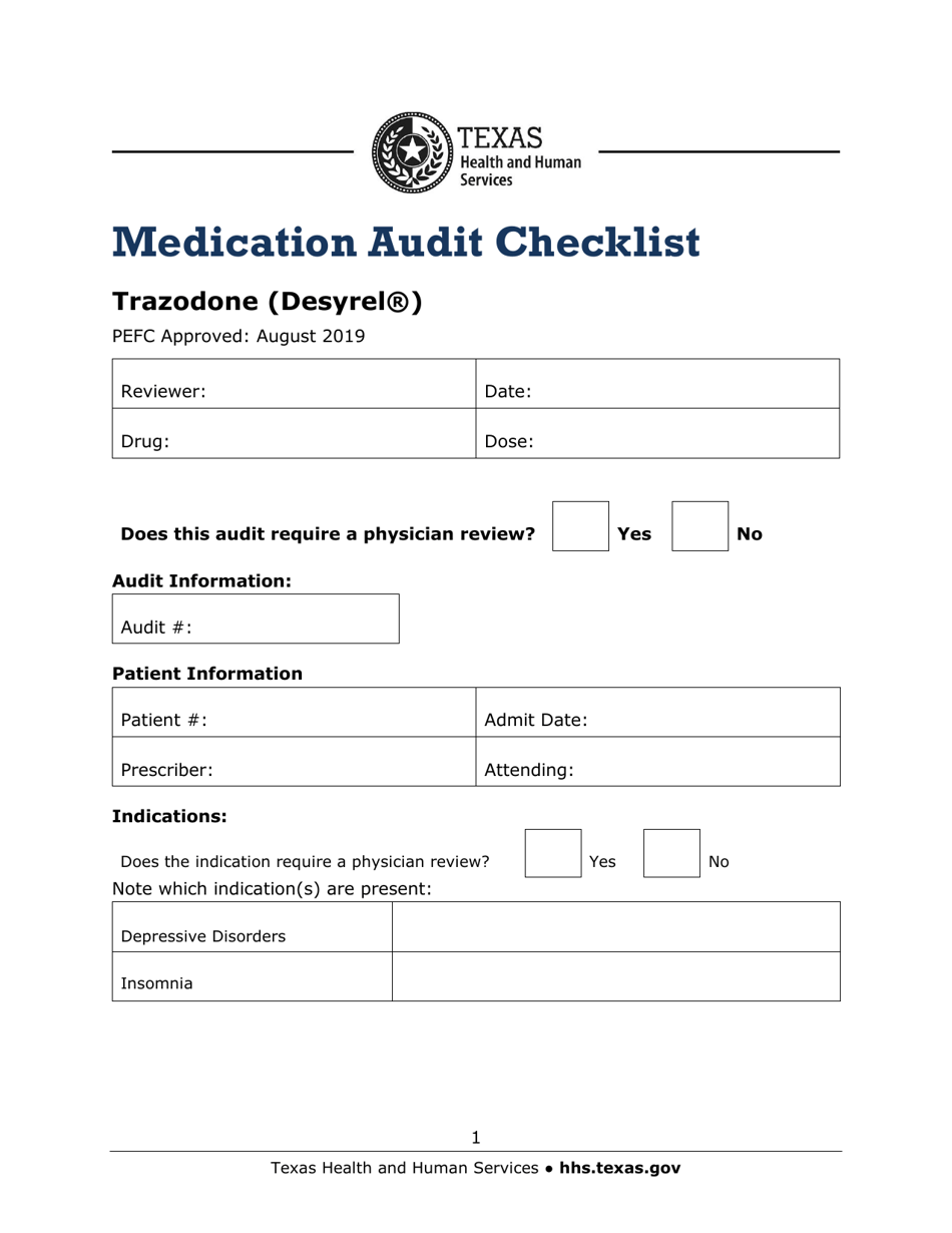 Medication Audit Checklist - Trazodone (Desyrel) - Texas, Page 1