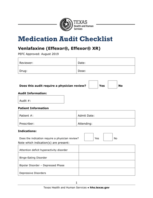 Medication Audit Checklist - Venlafaxine (Effexor, Effexor Xr) - Texas Download Pdf