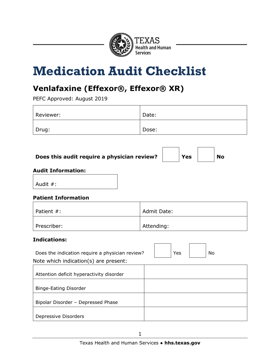 Medication Audit Checklist - Venlafaxine (Effexor, Effexor Xr) - Texas, Page 1
