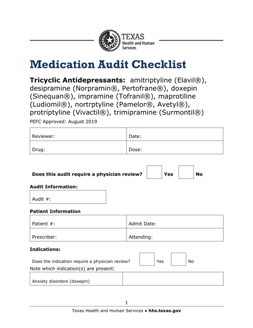 Medication Audit Checklist - Tricyclic Antidepressants: Amitriptyline (Elavil), Desipramine (Norpramin, Pertofrane), Doxepin (Sinequan), Impramine (Tofranil), Maprotiline (Ludiomil), Nortrptyline (Pamelor, Avetyl), Protriptyline (Vivactil), Trimipramine (Surmontil) - Texas Download Pdf