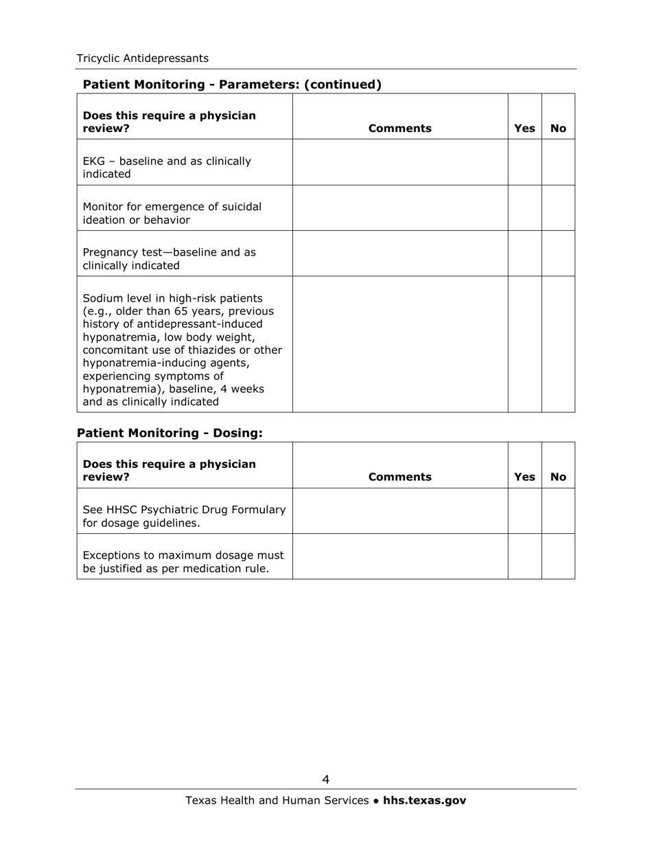 Medication Audit Checklist - Tricyclic Antidepressants: Amitriptyline (Elavil), Desipramine (Norpramin, Pertofrane), Doxepin (Sinequan), Impramine (Tofranil), Maprotiline (Ludiomil), Nortrptyline (Pamelor, Avetyl), Protriptyline (Vivactil), Trimipramine (Surmontil) - Texas, Page 4