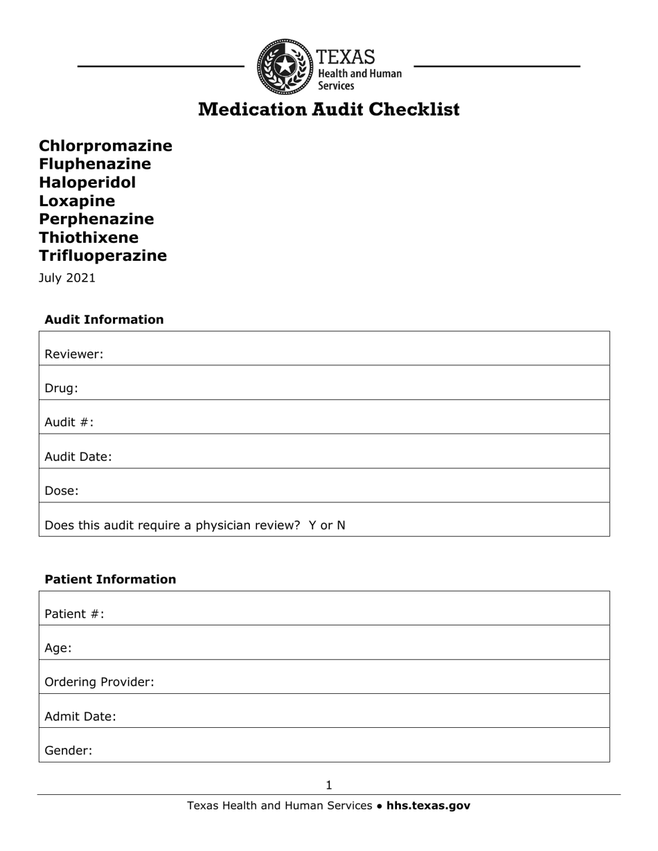 Medication Audit Checklist - Chlorpromazine, Fluphenazine, Haloperidol, Loxapine, Perphenazine, Thiothixene Trifluoperazine - Texas, Page 1