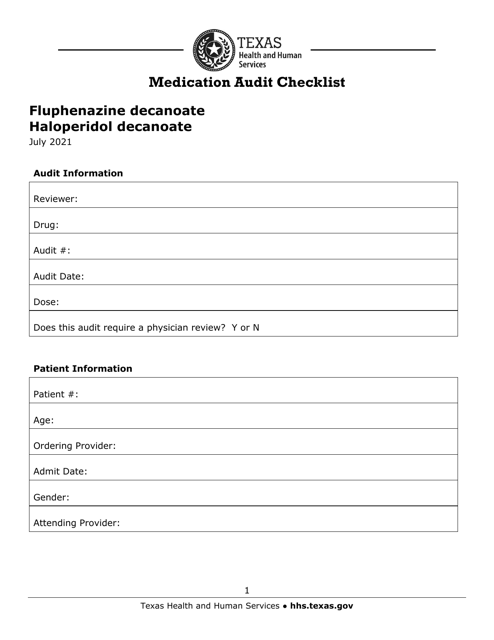 Medication Audit Checklist - Fluphenazine Decanoate, Haloperidol Decanoate - Texas Download Pdf