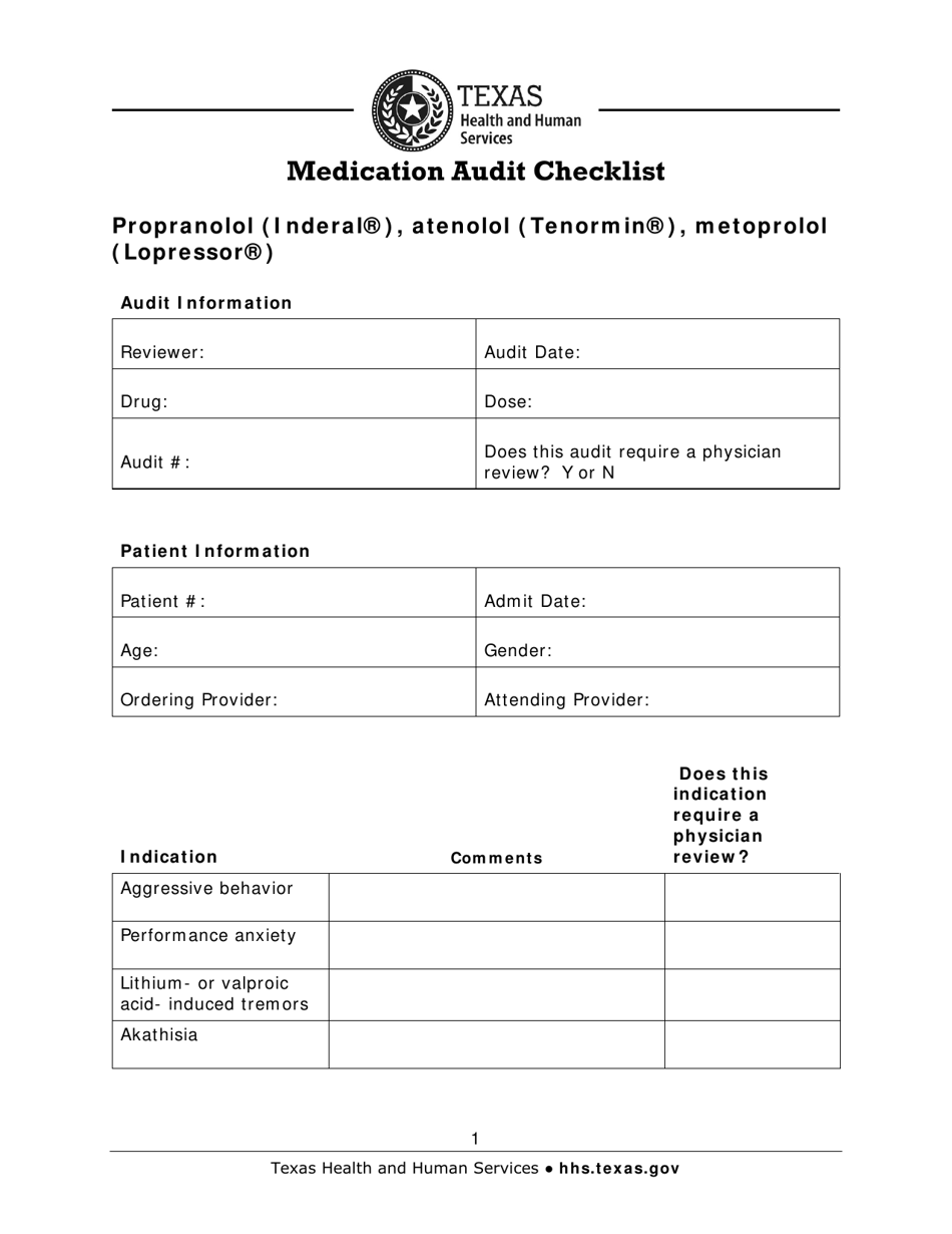 Medication Audit Checklist - Propranolol (Inderal), Atenolol (Tenormin), Metoprolol (Lopressor) - Texas, Page 1