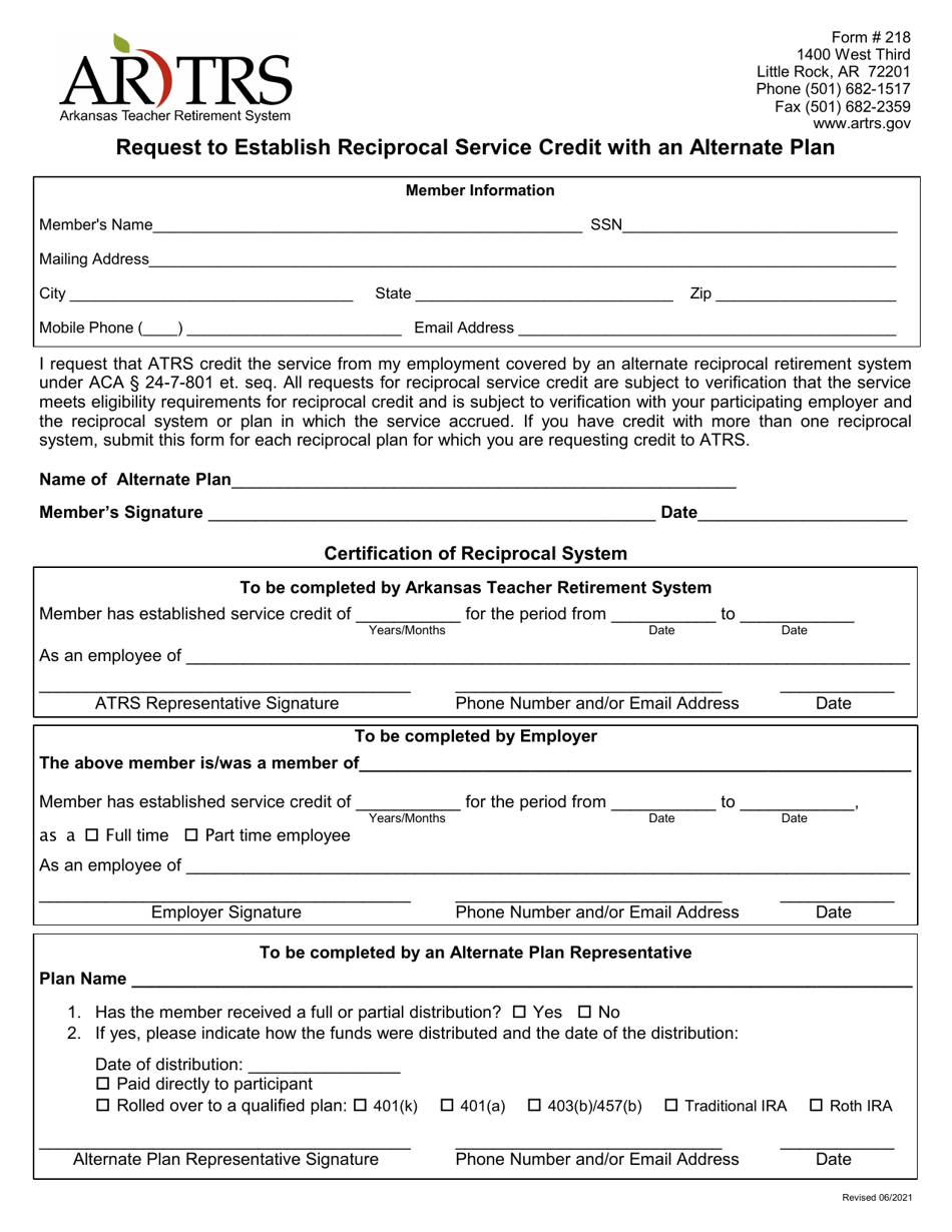 Form 218 Request to Establish Reciprocal Service Credit With an Alternate Plan - Arkansas, Page 1