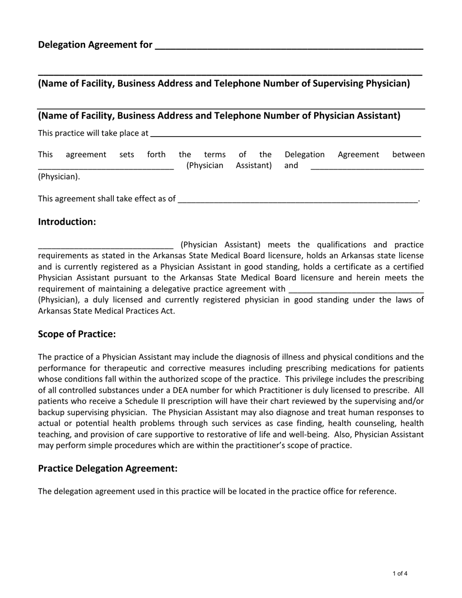 Physician Assistant Delegation Agreement - Arkansas, Page 1