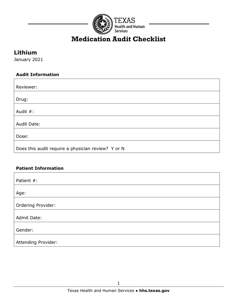 Medication Audit Checklist - Lithium - Texas, Page 1