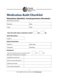 Document preview: Medication Audit Checklist - Phenelzine (Nardil), Tranylcypromine (Parnate) - Texas