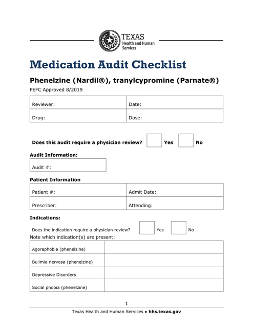 Medication Audit Checklist - Phenelzine (Nardil), Tranylcypromine (Parnate) - Texas Download Pdf
