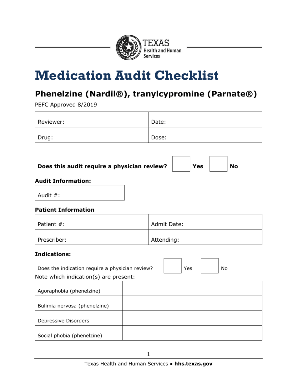 Medication Audit Checklist - Phenelzine (Nardil), Tranylcypromine (Parnate) - Texas, Page 1