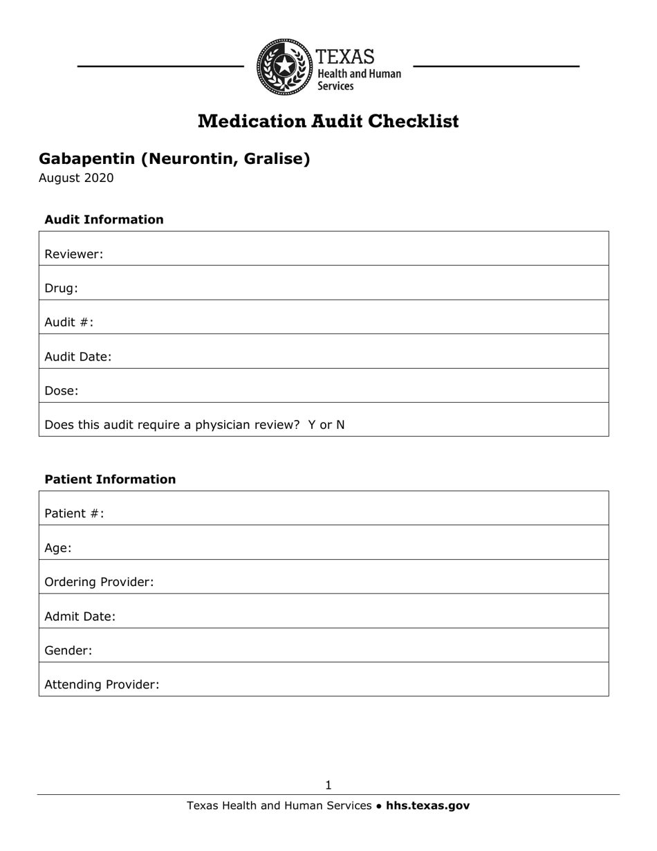 Medication Audit Checklist - Gabapentin (Neurontin, Gralise) - Texas, Page 1
