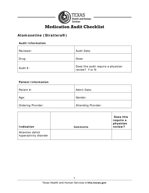 Medication Audit Checklist - Atomoxetine (Strattera) - Texas Download Pdf