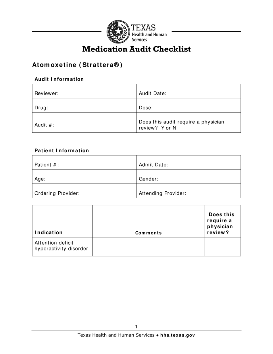 Medication Audit Checklist - Atomoxetine (Strattera) - Texas, Page 1