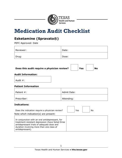 Medication Audit Checklist - Esketamine (Spravato) - Texas Download Pdf