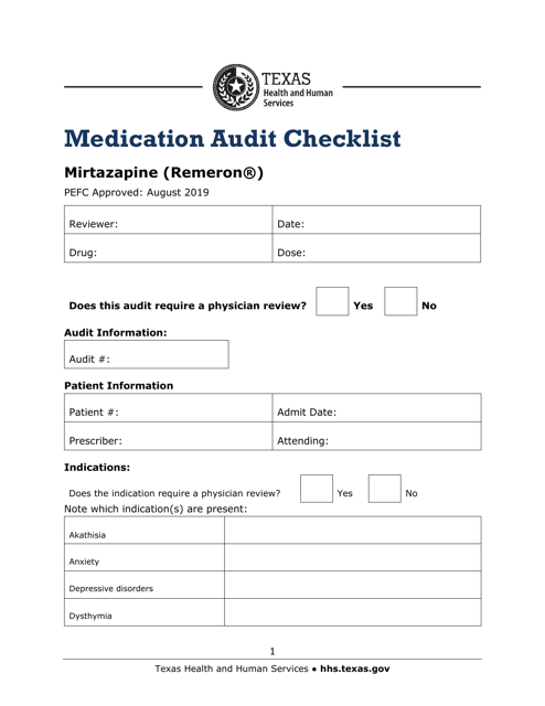 Medication Audit Checklist - Mirtazapine (Remeron) - Texas Download Pdf