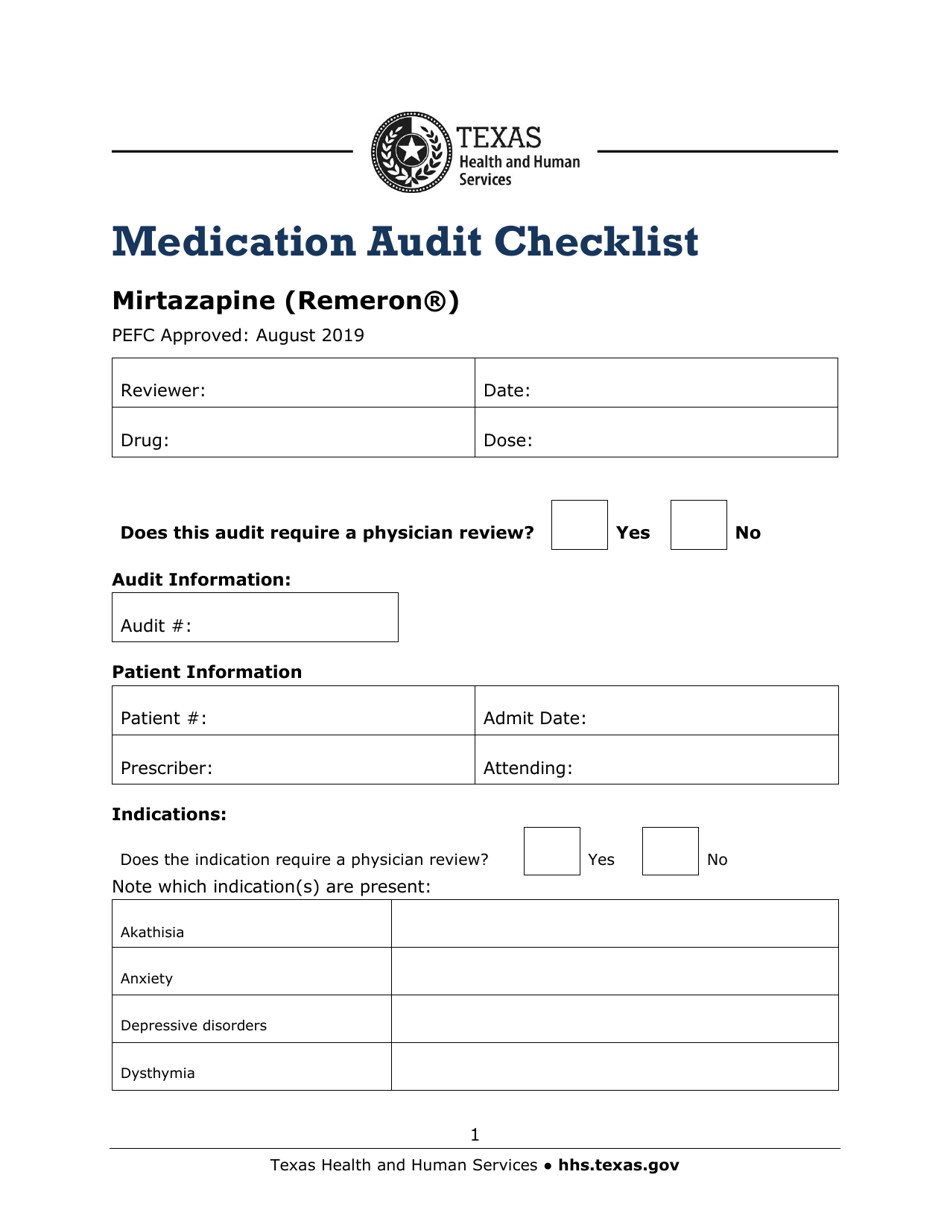 Texas Medication Audit Checklist Mirtazapine (Remeron) Fill Out