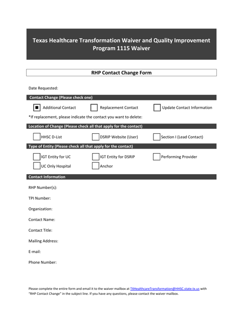 Rhp Contact Change Form - Texas Download Pdf