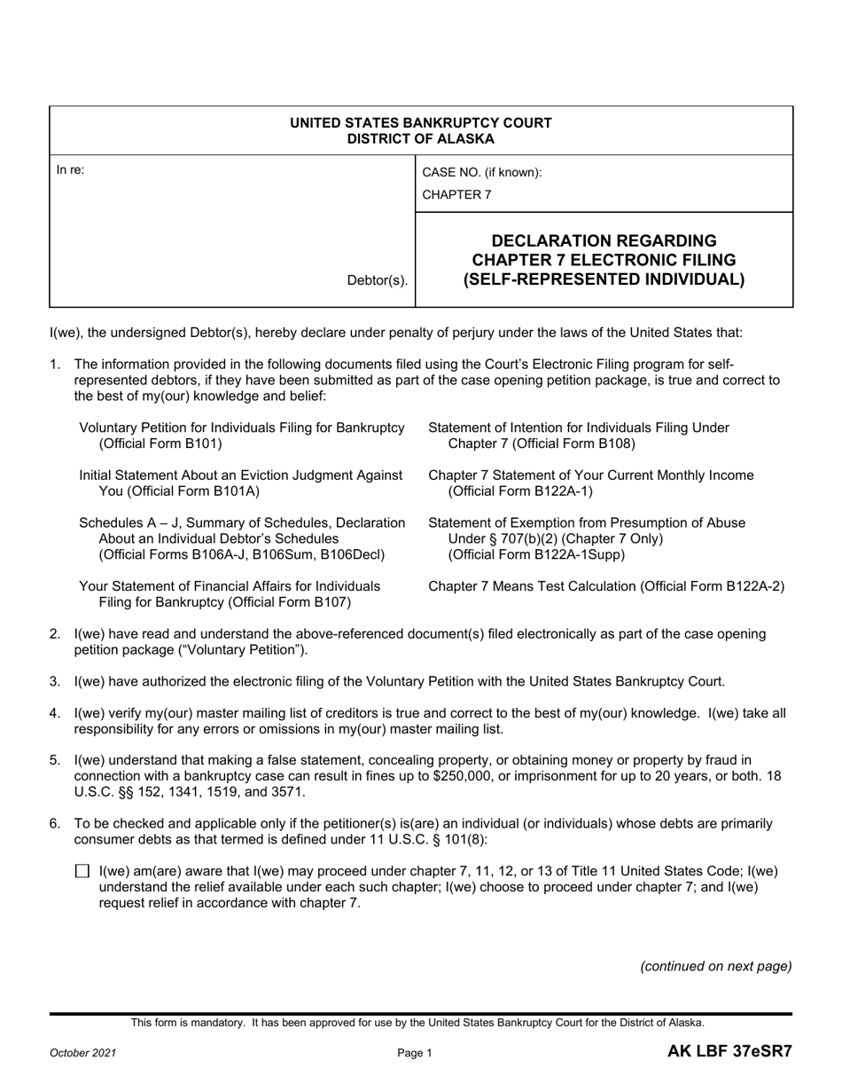 Form AK LBF37ESR7 Declaration Regarding Chapter 7 Electronic Filing (Self-represented Individual) - Alaska, Page 1