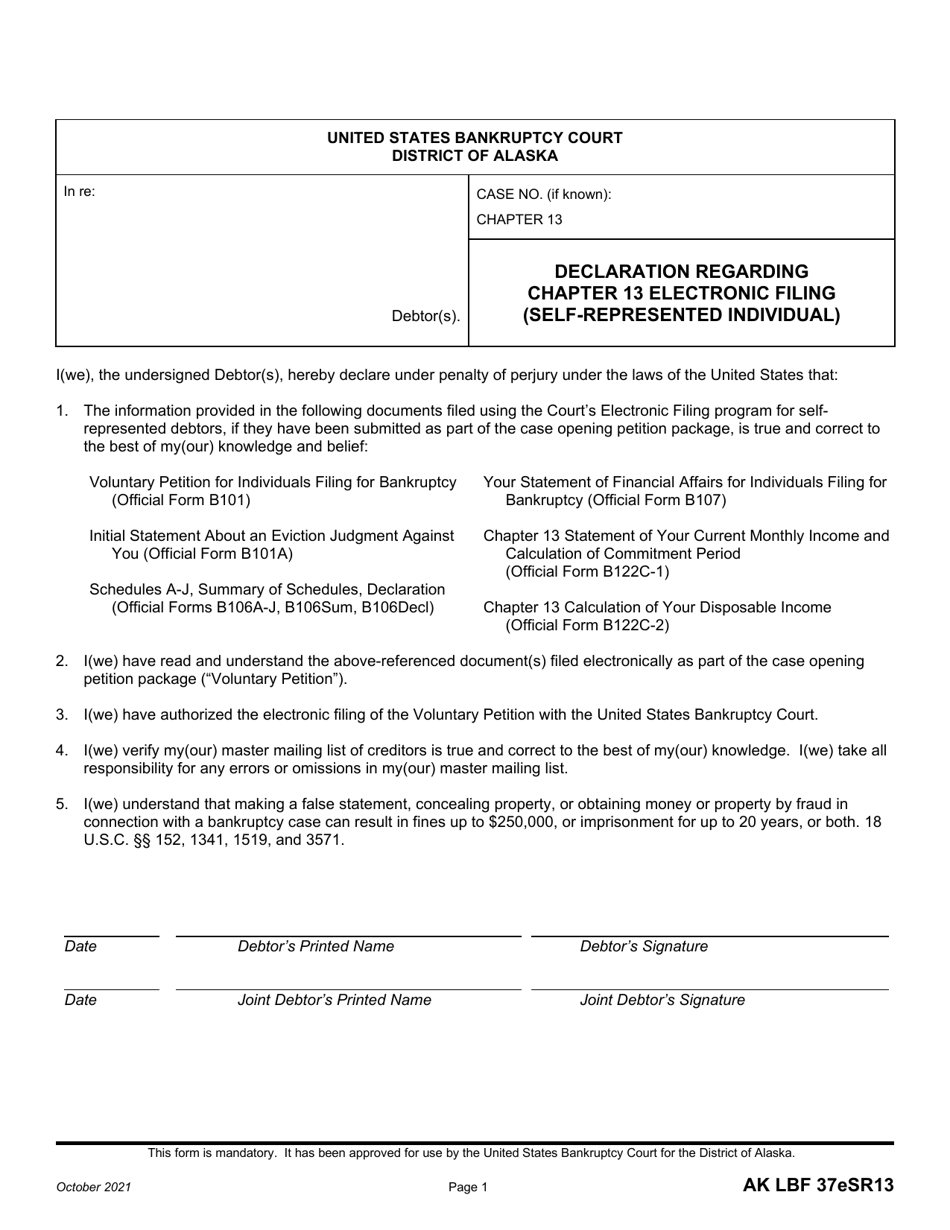 Form AK LBF37ESR13 Declaration Regarding Chapter 13 Electronic Filing (Self-represented Individual) - Alaska, Page 1