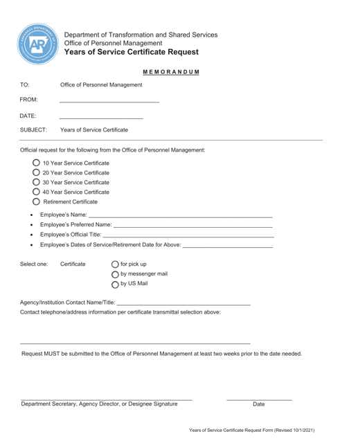 Years of Service Certificate Request - Arkansas Download Pdf