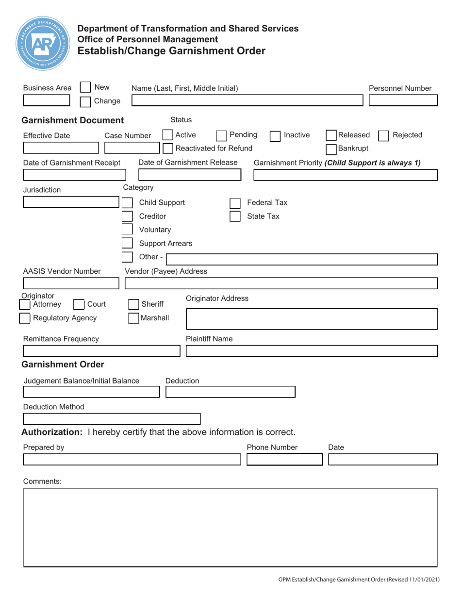 Arkansas Establish/Change Garnishment Order Download Fillable PDF Templateroller