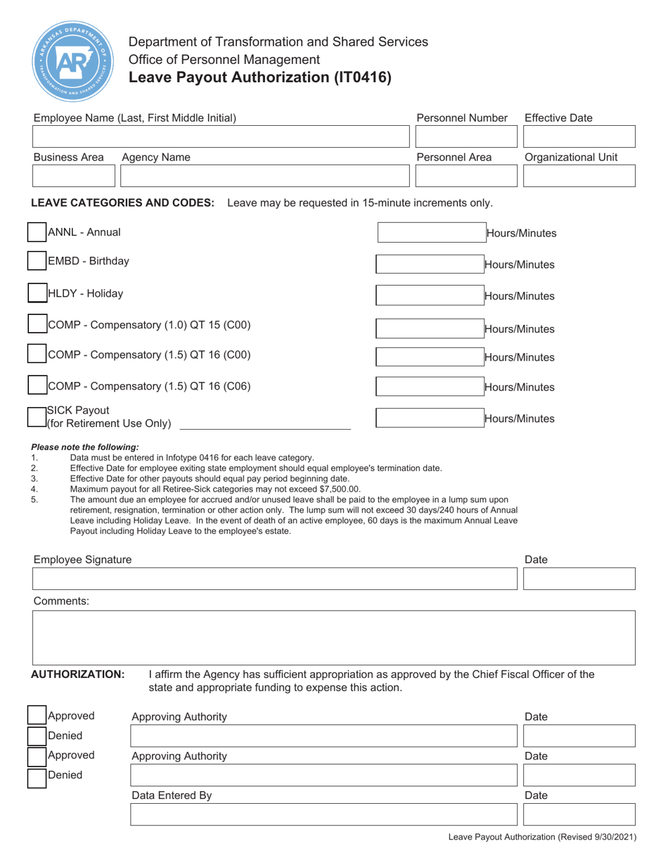 Form IT0416 Leave Payout Authorization - Arkansas, Page 1
