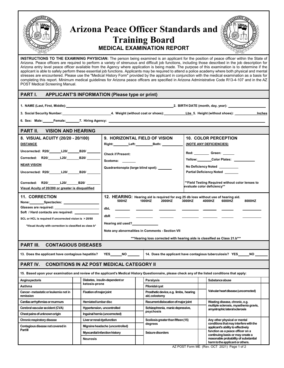 AZPOST Form ME Medical Examination Report - Arizona, Page 1