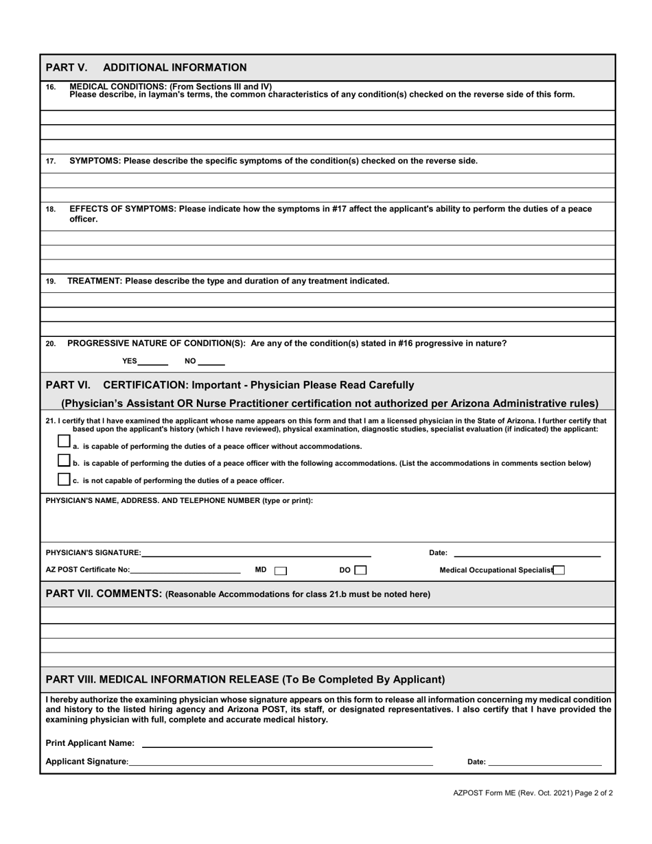 AZPOST Form ME Medical Examination Report - Arizona, Page 2