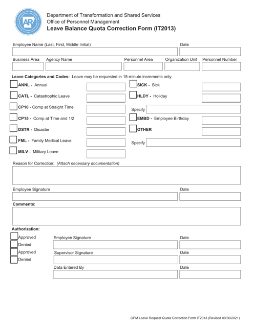 Form IT2013 Leave Balance Quota Correction Form - Arkansas