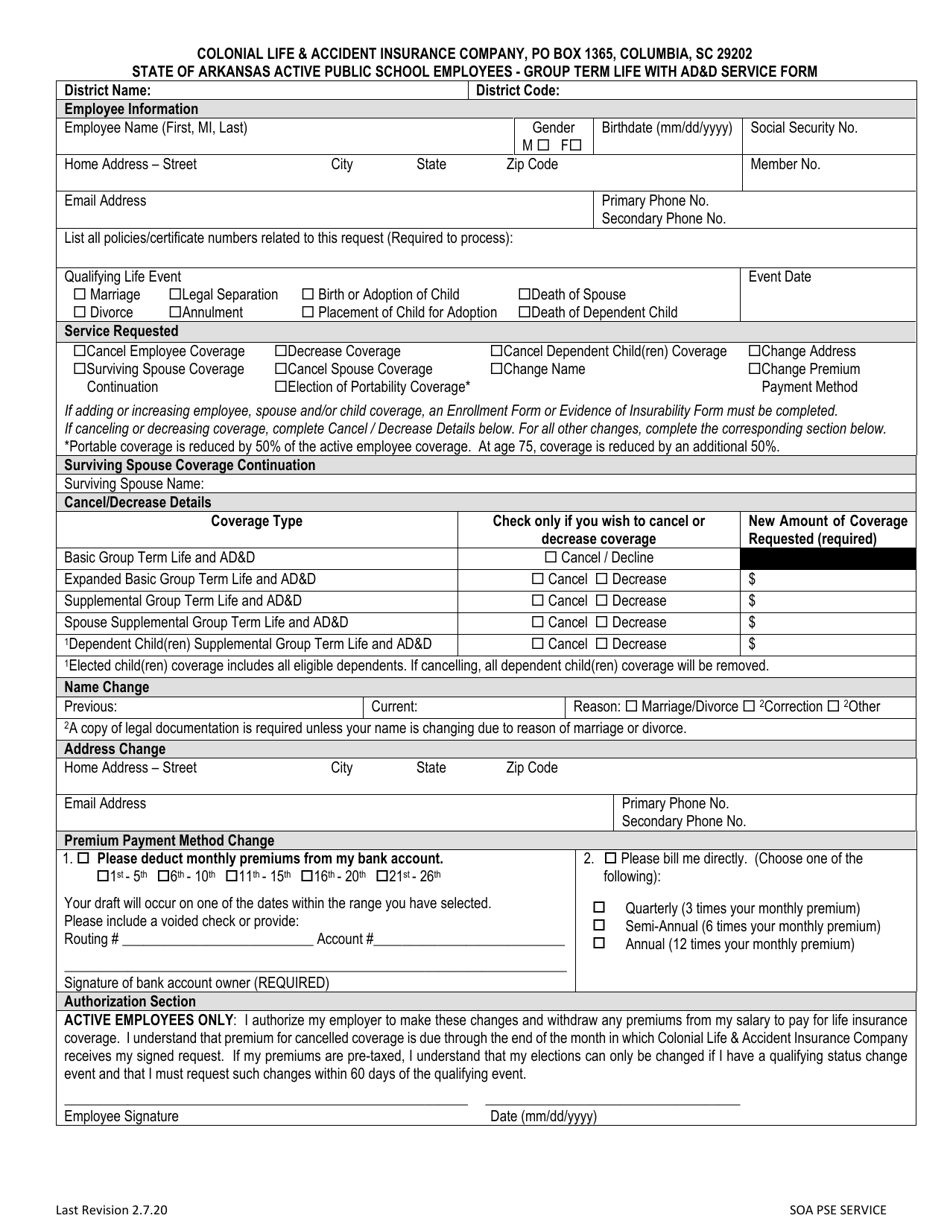 State of Arkansas Active Public School Employees - Group Term Life With Add Service Form - Arkansas, Page 1