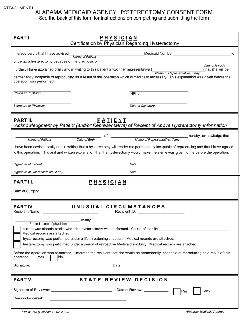 Form PHY-81243 Hysterectomy Consent Form - Alabama, Page 1