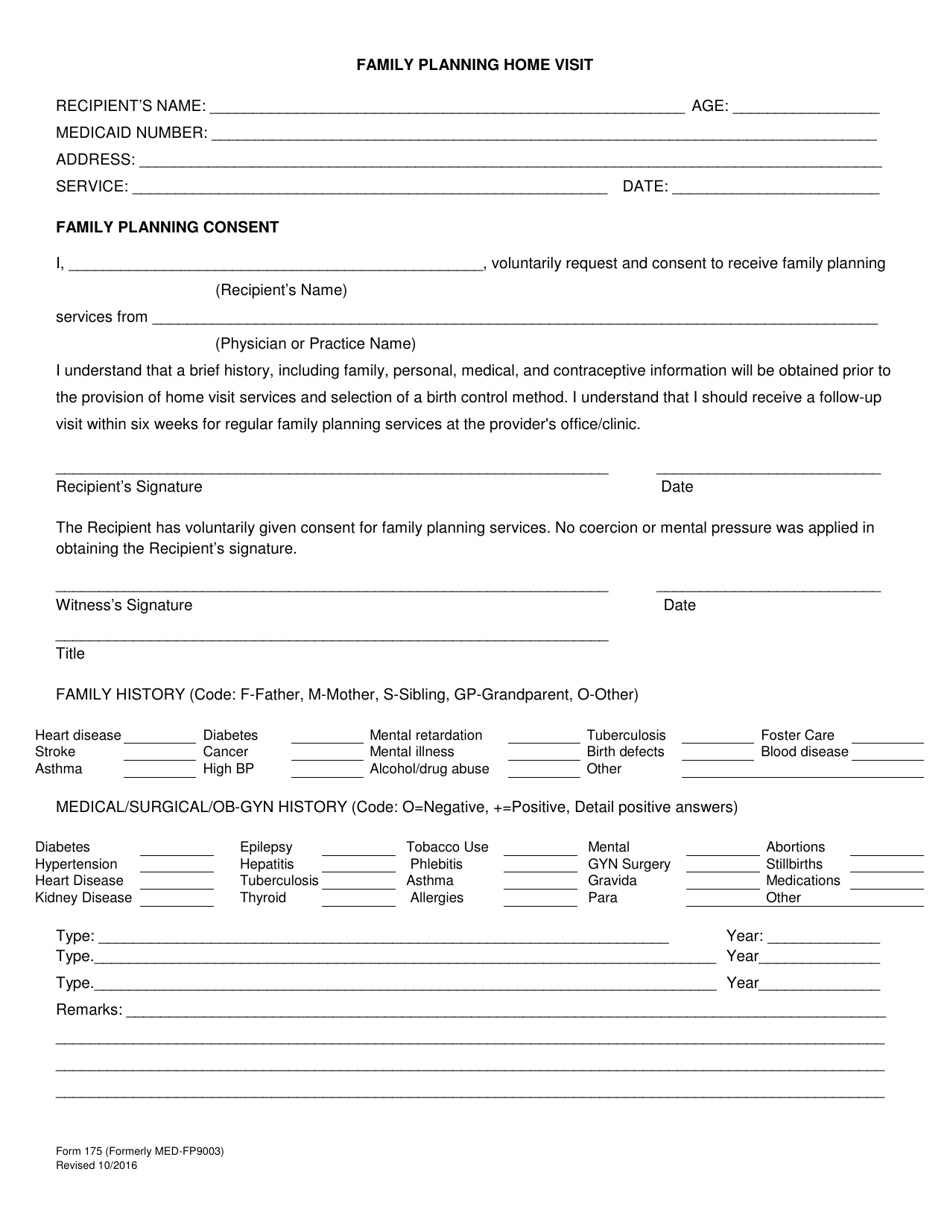 Form 175 Family Planning Home Visit - Alabama, Page 1