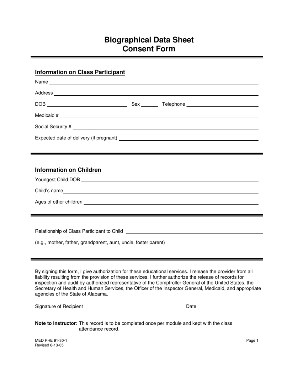 Form MED PHE91-30-1 Biographical Data Sheet Consent Form - Alabama, Page 1