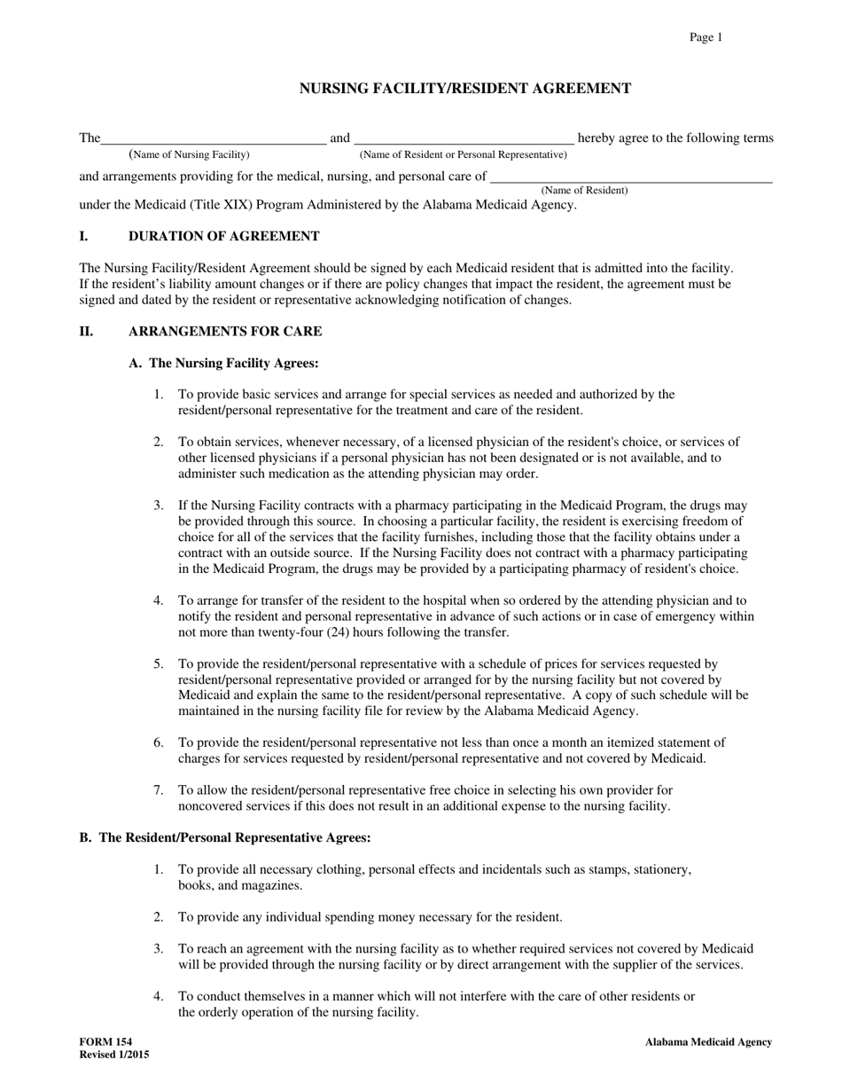 Form 154 Nursing Facility/Resident Agreement - Alabama, Page 1