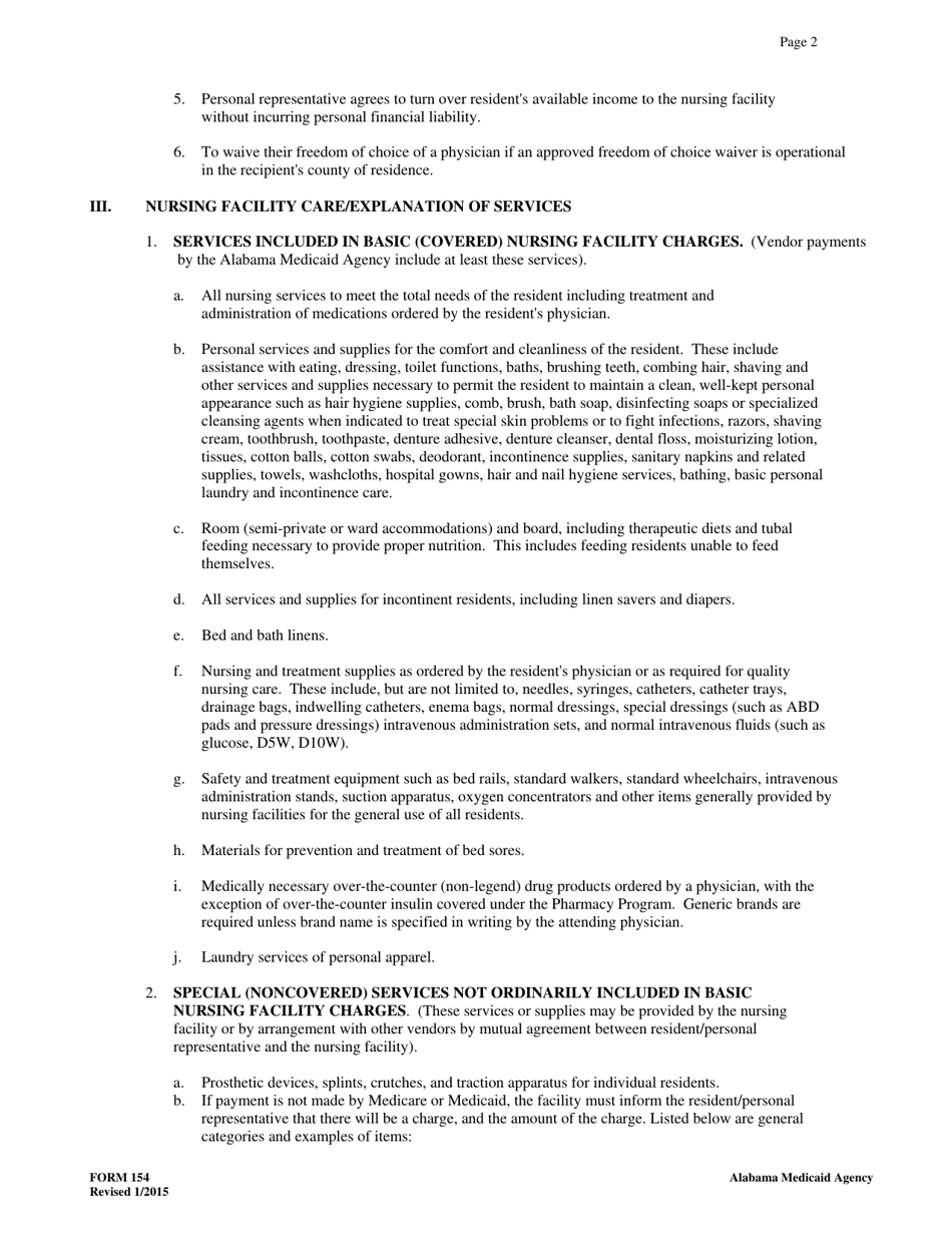 Form 154 Nursing Facility / Resident Agreement - Alabama, Page 2