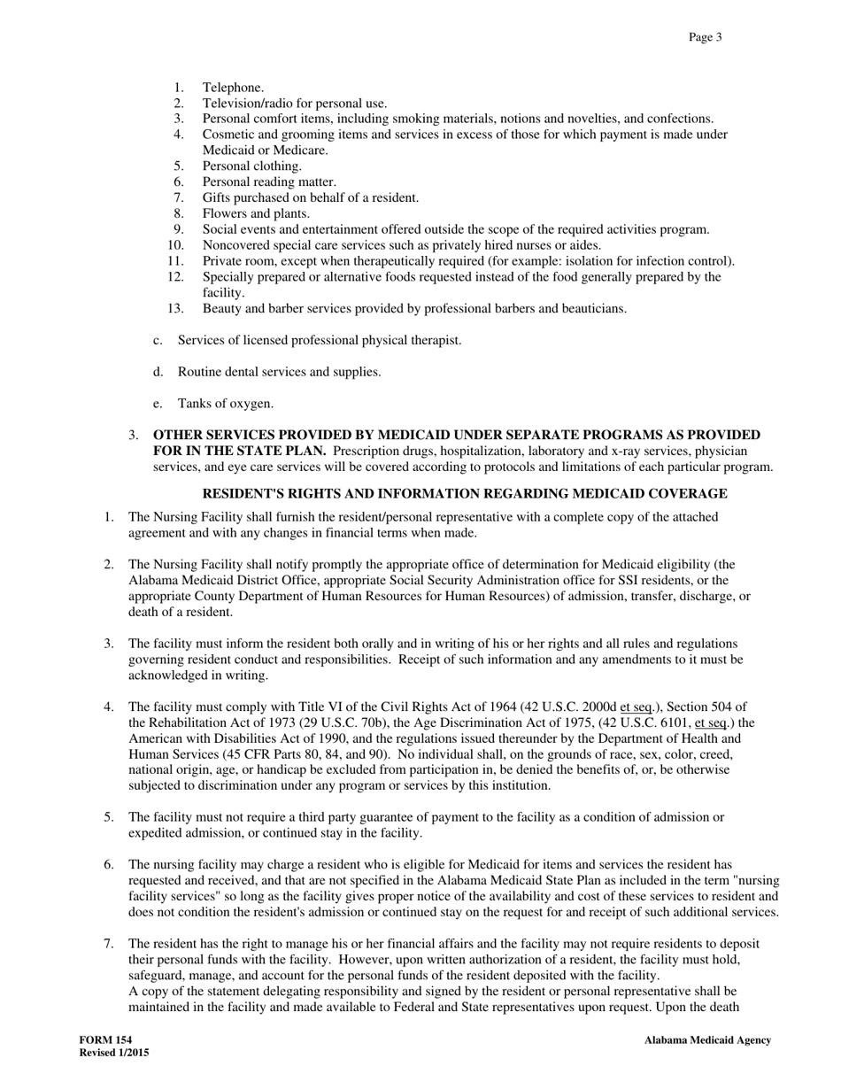 Form 154 Nursing Facility / Resident Agreement - Alabama, Page 3